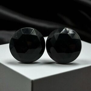Button Earrings Faceted Black Glass Clip On Signed Japan VTG Round Mid-Centuy